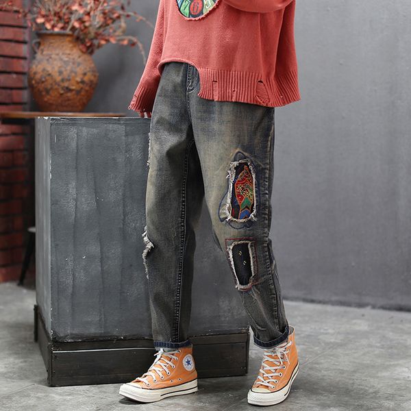 

women jeans denim pants bottoms trousers big loose patchwork patches straight long retro vintage fashion casual bo41232420, Blue
