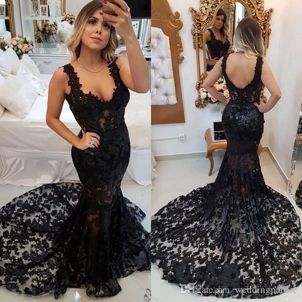 

black 2020 mermaid prom dresses long full lace spaghetti straps illusion backless deep v-neck court train formal dress evening gowns
