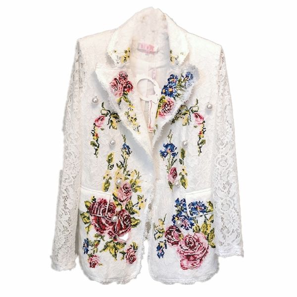 

women's suits & blazers fashion designer runway coats spring jacket long sleeve flower embroidery lace outerwears vetement femm, White;black