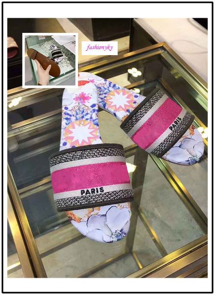 

original box new dazzle flowers women sandals designer slippers flip flops striped beach causal shoes embroidery sandal, Black