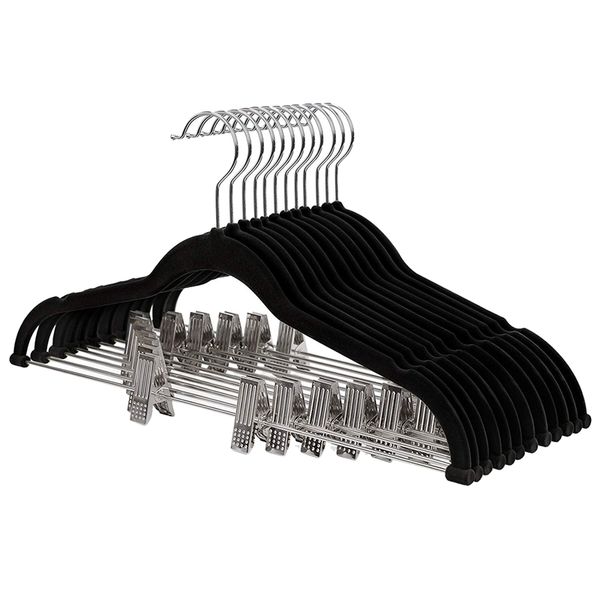 

pack of 12 flocking trouser hangers with bar and clips suit hanger thin non-slip space saving 360 rotating hook for suits/shirts