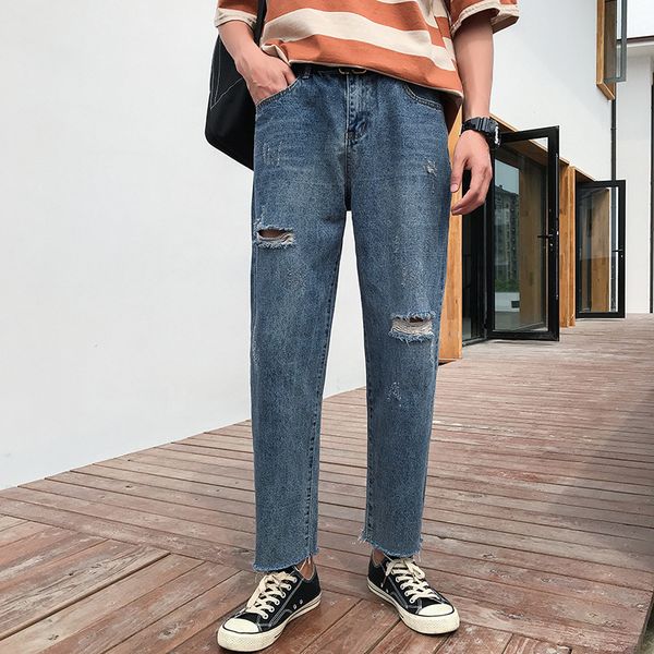 

2019 new fashion loose jogging street sports men's jeans men's blue cropped pants casual cotton soft plus size jeans men
