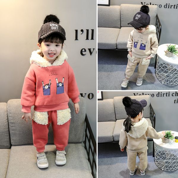

girls plus velvet suit 2018 winter new baby thickened korean style two-piece baby clothes on behalf of hair, Blue