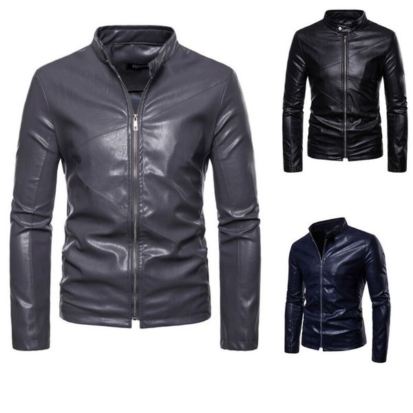 

slim fit leather stand trench pu collar fashion men's pu jackets stand leather collar coat slim fit casual blazer trench, Black