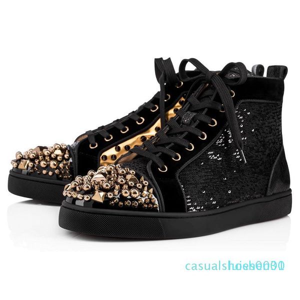 

2020 new designer shoes studded spikes fashion red suede leather mens womens flat bottoms luxury shoes party lovers sneakers l30, Black