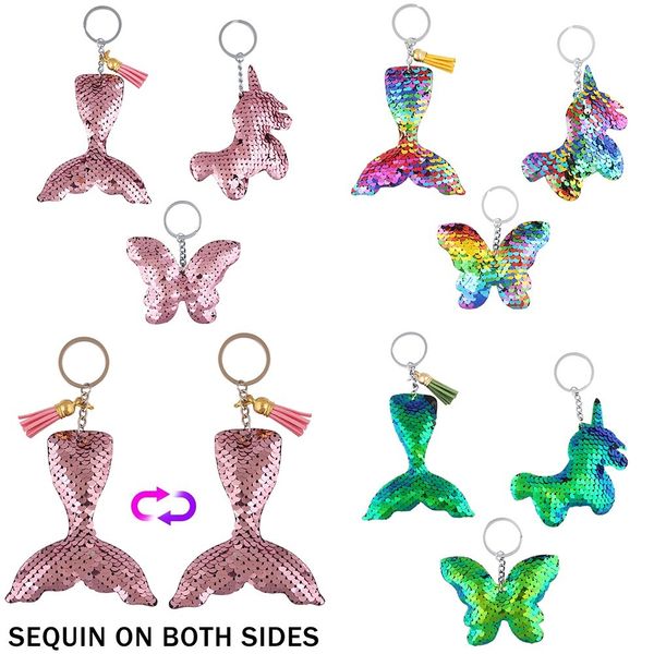 

144pcs sequins keychain plush mermaid scale tail keychain butterfly sequined key ring for backpacks jewelry charm keychains, Slivery;golden
