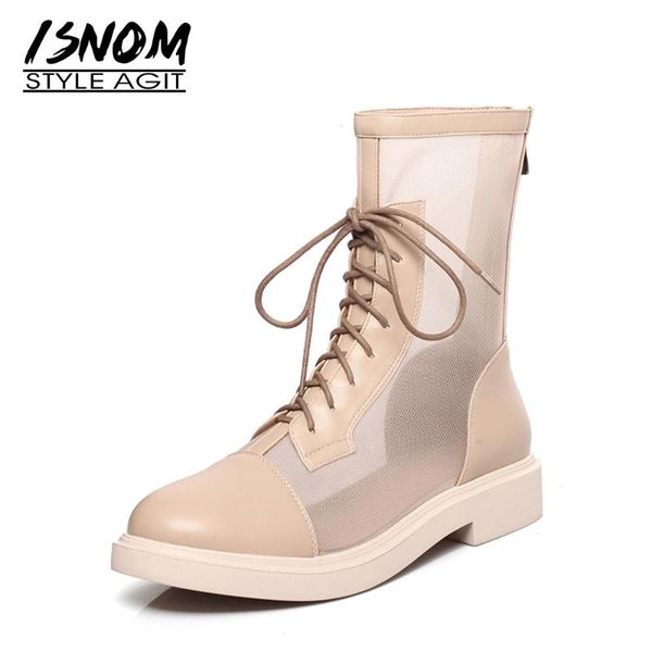 

isnom ladies mesh booties cross tied ankle boots women flat shoes woman platform dress female boot zipper casual big size, Black