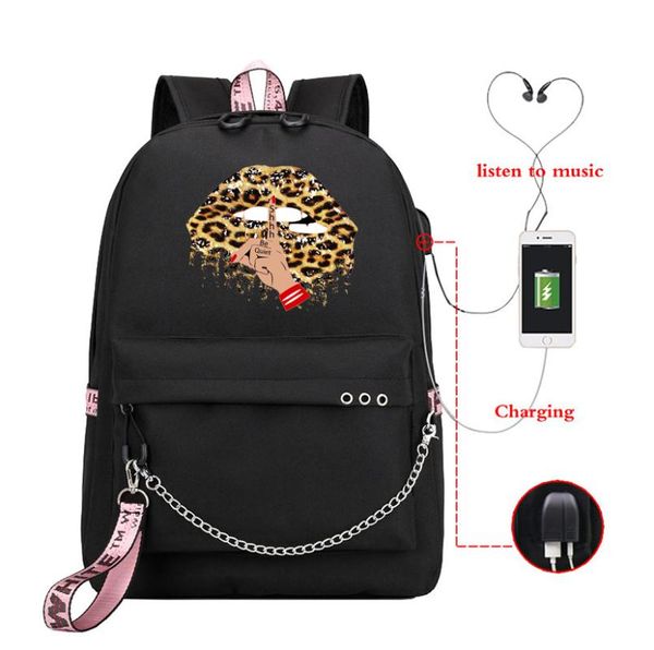

girls backpacks shoulder bag leopard lips print travel bag schoolbag rucksack usb charging women fashion satchel bookbag laptop