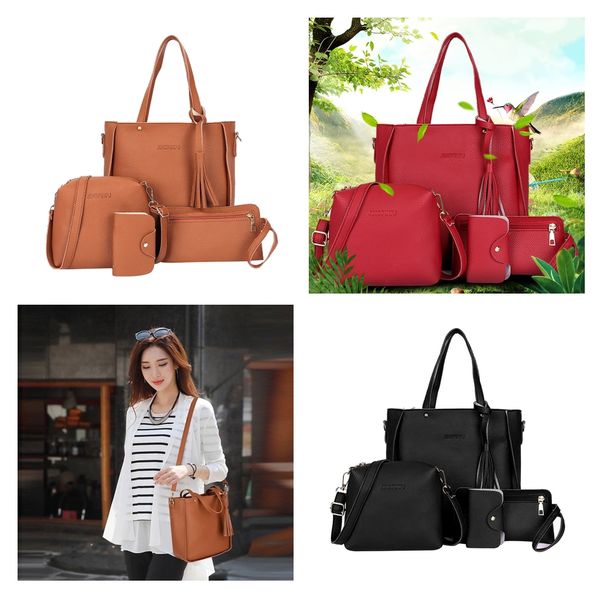 

3x four set pu leather handbag cross body shoulder tote bag purse for ladies, Black;red