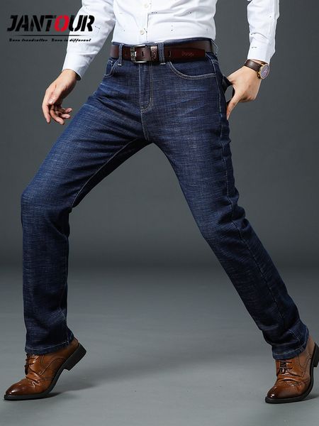 

jantour brand mens jeans men fit straight jeans denim autumn winter causal pants cotton washed blue for men large size