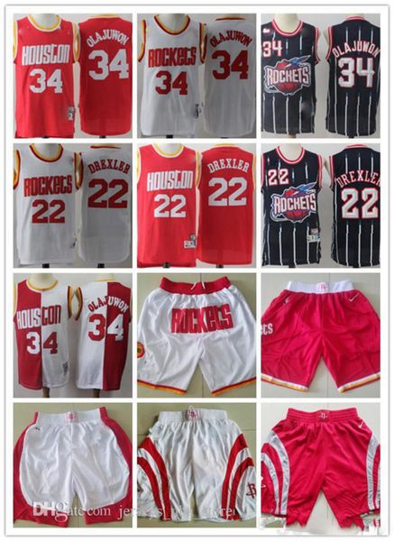 

mens houston rockets 34 hakeem olajuwon 22 clyde drexler basketball shorts basketball jersey, Black;red