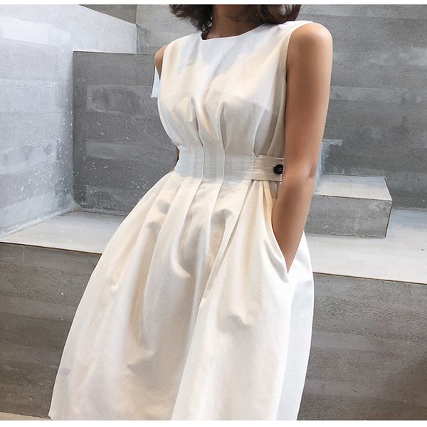 

2020 summer women solid white black fashion elegant casual party dress o neck sleeveless tank sundress female vestido, Black;gray