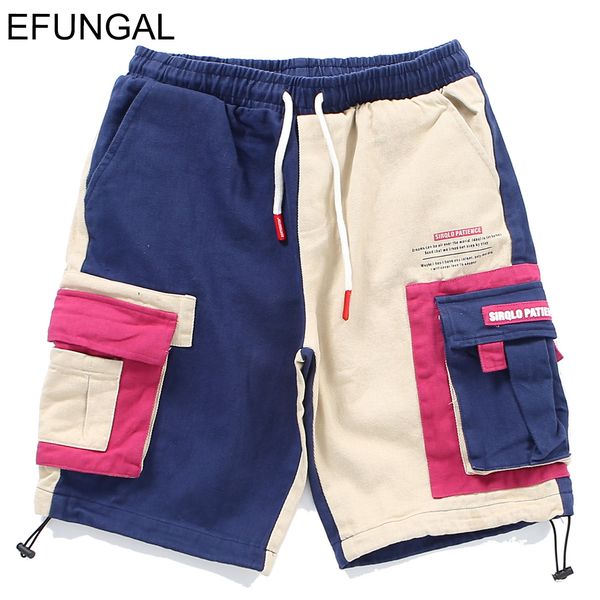 

efungal two-tone color block patchwork cargo shorts streetwear 2019 mens harajuku casual pockets short joggers male sweat shorts, White;black
