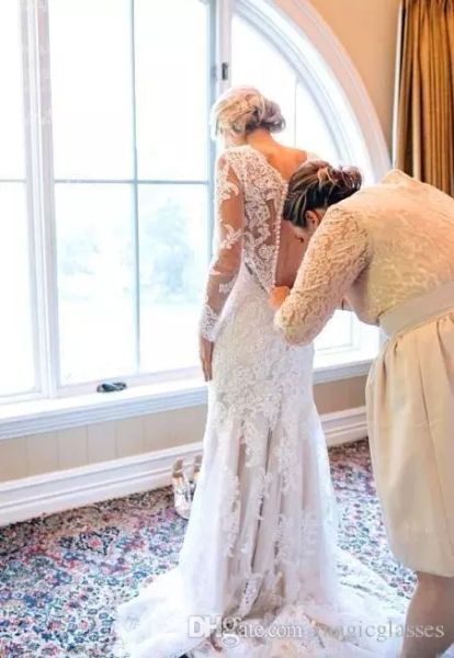 compre vestidos de novia de manga larga de encaje de estilo al aire