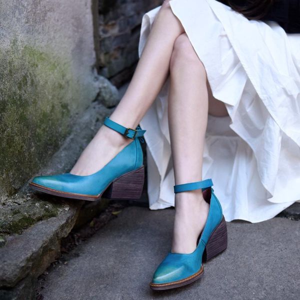 

artmu origional high heels women's shoes chunky-heel buckle shallow mouth handmade shoes genuine leather pointed toe, Black