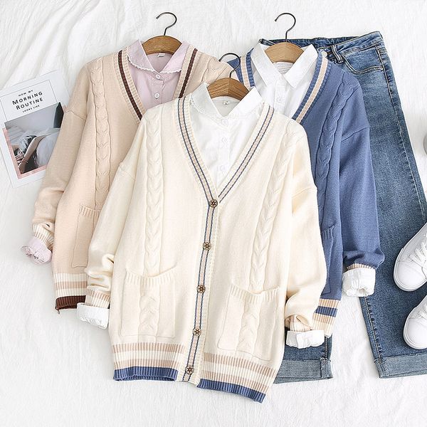 

women's knits & tees preppy style cute knitted sweater cardigan long sleeve fall,winter v-neck sweaters harujaku girls beige blue khaki, White