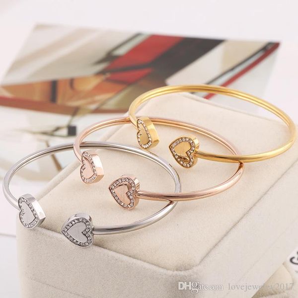 

luxury style double heart cuff bangle with diamond for women stystainless steel rose gold silver open pulsera bracelet fine jewelry, Black