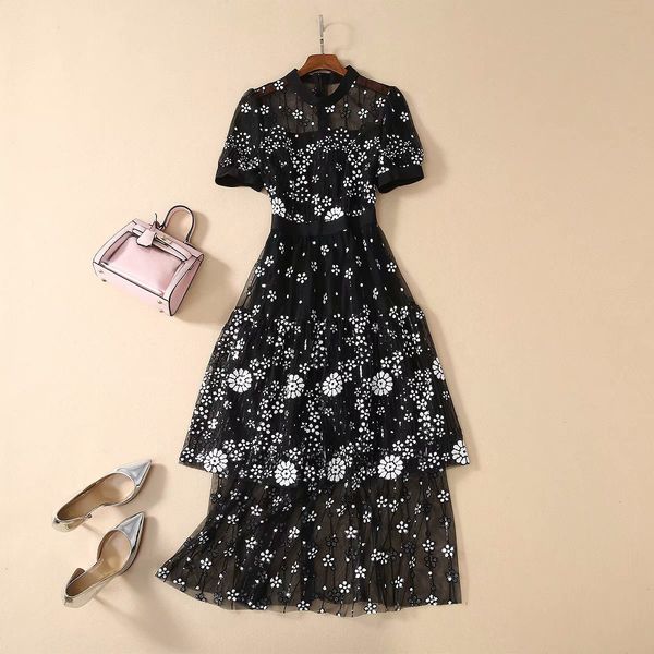 

spring 2020 for european and american women's wear shirt collar heavy sequins fashionable gauze black dress, Black;gray