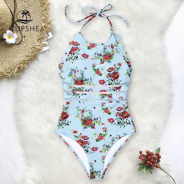 

cupshe синий и красный цветочные холтер цельный купальник женщин scalloped монокини купальники 2020 девочка boho пляж купальники, White;black