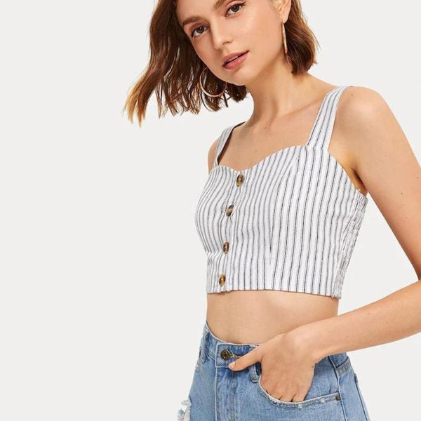 

women's tanks & camis are you sure not to click in and see women stripe strapless vest sleeveless tank crop buttons dropishipper 2, White