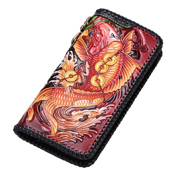 

high-grade handmade genuine leather wallets chinese carving carp bag purses women men clutch vegetable tanned leather wallet, Red;black