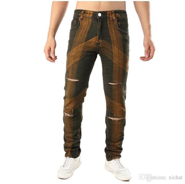 

2018 осень новый мужской стрип печати прямой ногой джинсы модельер отверстие джинсы причинная джинсы стиль бесплатная доставка размер 28-42, Blue