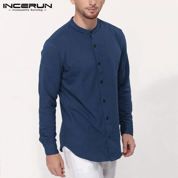 

vintage men casual shirt solid color stand collar cotton camisa masculina 2019 streetwear long sleeve dress brand shirts incerun, White;black