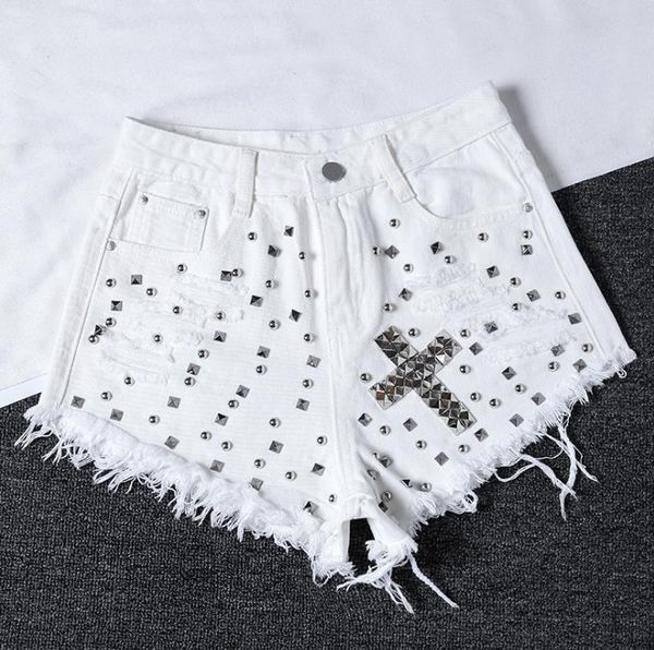 

новые женские весна лето джинсовые шорты кисточкой заклепки бисером широкие джинсы короткие высокая талия frazzle punk street short k1279, White;black