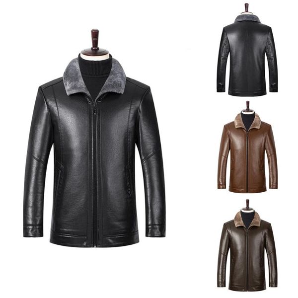 

men's leather coat 2019 winter new style casual stand collar mid-length fur thick leather coat, Black