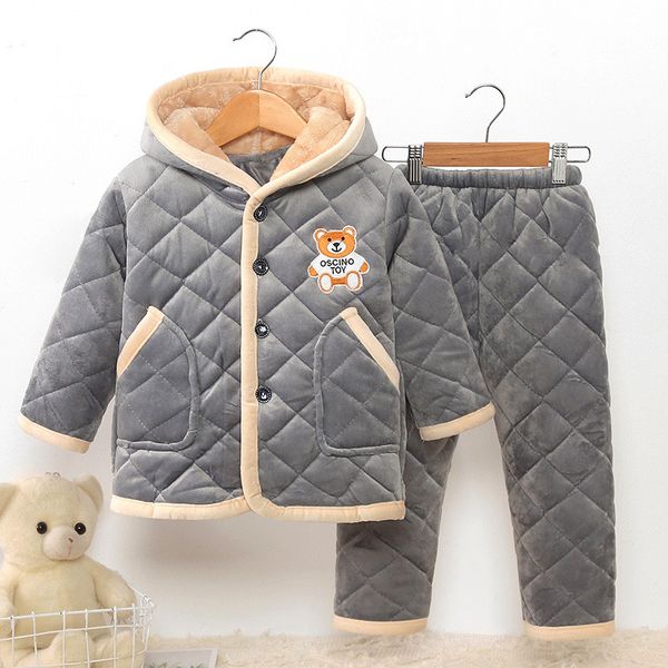 

classic kids pajamas sets thick fur inside hooded pants set for 1-12years child boy girls winter sleepwear set home clothes