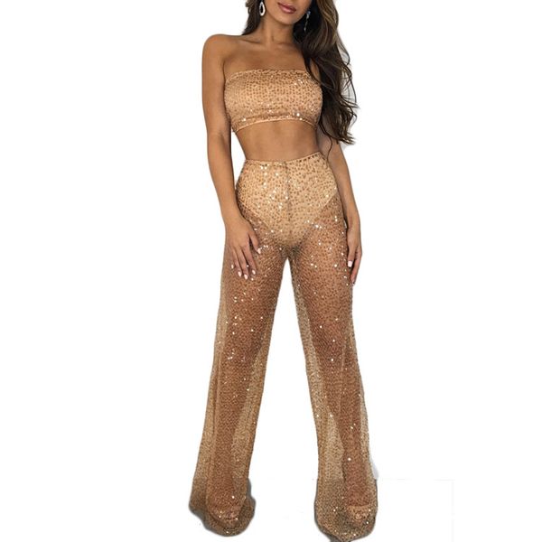 

bkld mesh tracksuit women 2 piece set women tube cropped and wide legs pants two piece set summer see through pant, Gray