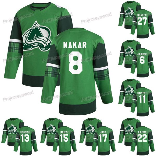 

colorado avalanche cale makar 2020 st. patricks day jersey nathan mackinnon matt calvert sheldon dries nikita zadorov tyson jost ian cole, Black;red
