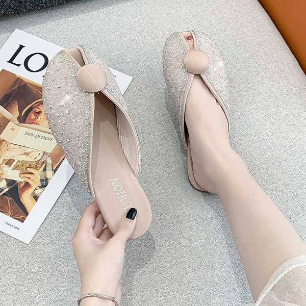 

summer sandals and slippers women wear 2020 spring fashion wild ball sequins fish mouth baotou half drag tide z572, Black