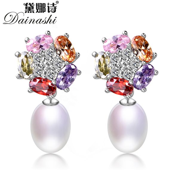 

dainashi fashion 925 sterling silver colorful zircon drop earrings 100% genuine natural freshwater pearl earrings for women, Golden;silver