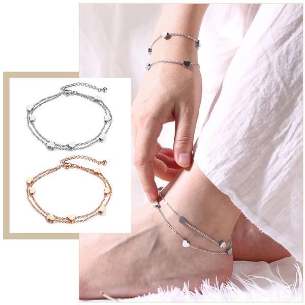 

elegant double heart charm chain anklets for women lady holidays wear stainless steel gifts for her jewelry, Red;blue