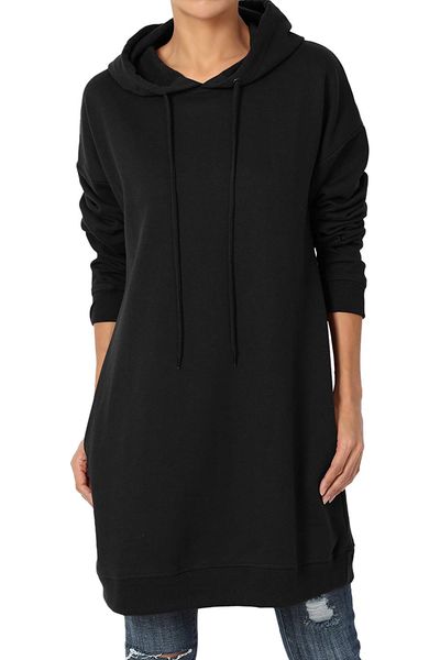 

loose fit pocket pullover hoodie long tunic sweatshirts s~3x, Black