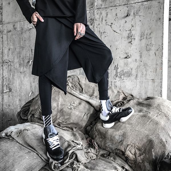 

весенние мужские брюки обтягивающие эластичные леггинсы прилив мужской личности из двух частей поддельные двухсекционные юбки брюки ночное п, Black