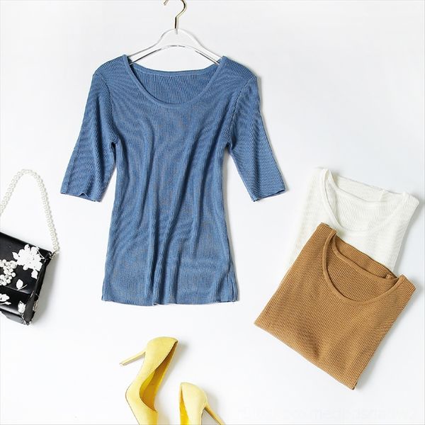 

pot 80 maze t-shirt maze short-sleeved ice silk knitted t-shirt women's simple versatile basic 2020 women's f444, White