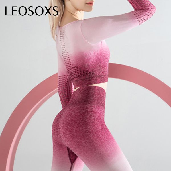 

yoga outfits women sport suit set gym workout long sleeve seamless tight high waist pant leggings 2 piece for female fitness, White;red