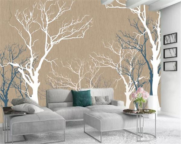 

3d wallpaper white hand drawn forest trees in simple style living room bedroom background wall decoration mural wallpaper