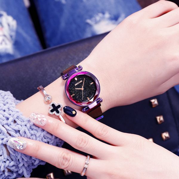 

exquisite starry sky women watches magnetic steel mesh band ladies dress casual wristwatches luxury crystal female quartz clock, Slivery;brown