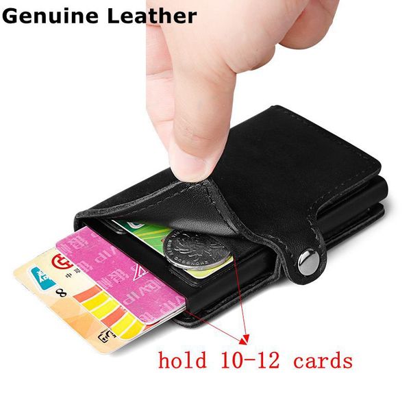 

100% genuine leather mens 10-12 card holders rfid blocking card case mini man wallets minimalist button hasp c& cards practi, Brown;gray