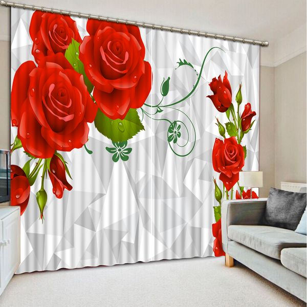 2019 Curtains With Geometric Bright Red Flowerluxury Blackout 3d