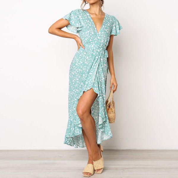

elegant floral print long dress 2020 summer short sleeve boho beach dress v neck split ruffles maxi dresses vestido de verano, Black;gray