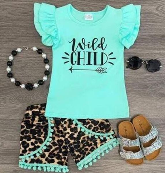 

baby summer girls clothes toddler green &pink wild child fashion leopard shorts 2 piece baby outfits, White