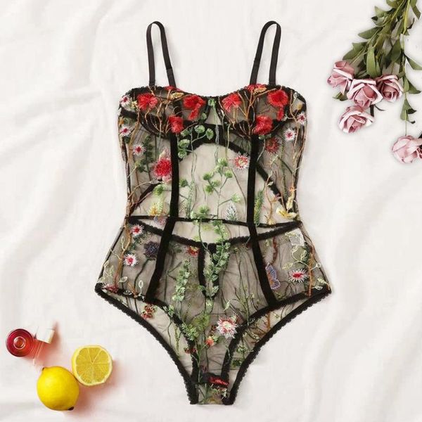 

women sleeveless lingerie transparent hollow out bodysuit floral embroidered backless babydoll jumpsuit sleepwear underwear#p3, Red;black