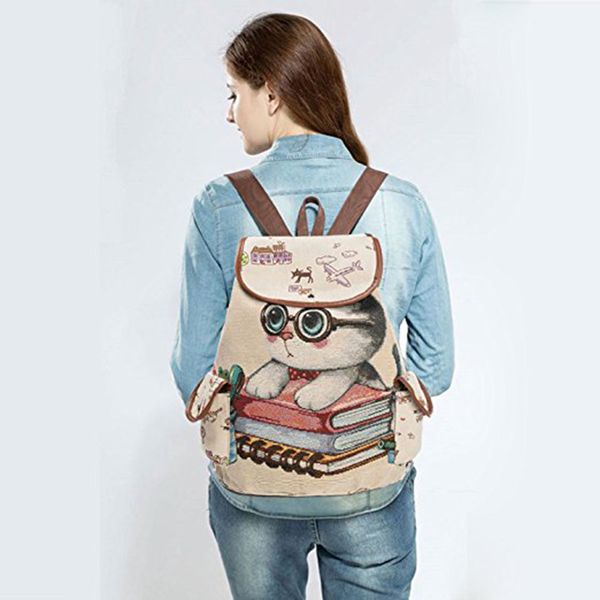 

women canvas backpack cartoon cat pattern school bag pockets casual vintage bag travel drawstring backpack 3#