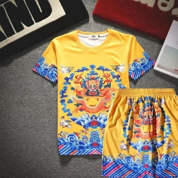 

men's suit tshirt and pants sets national chinese style dragon robe emperor printing summer short sleeve 3d t shirt casual pant, Gray