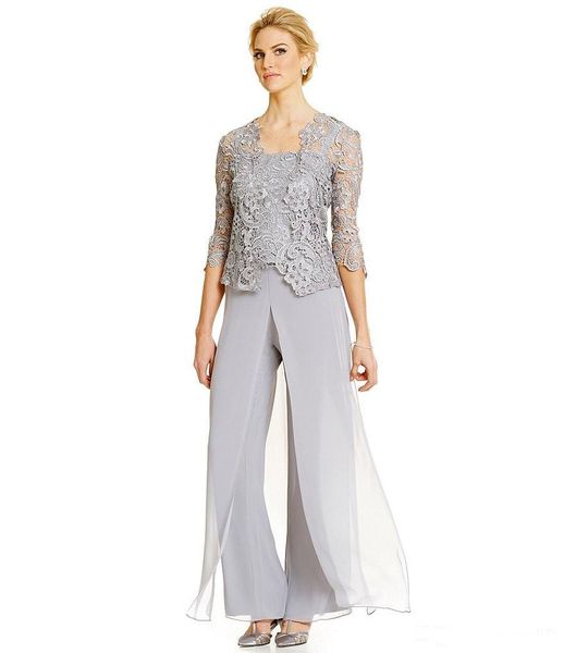 

Elegant Silver Pant Suits Straps Long Chiffon Lace Mother of the Bride Dress Split Front Jumpsuit Formal Wedding Guest Evening Wear Gowns