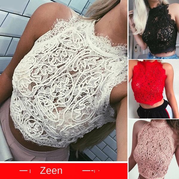 

женская дизайнерская футболка сплошной цвет кружева назад молния без рукавов футболка топ, White